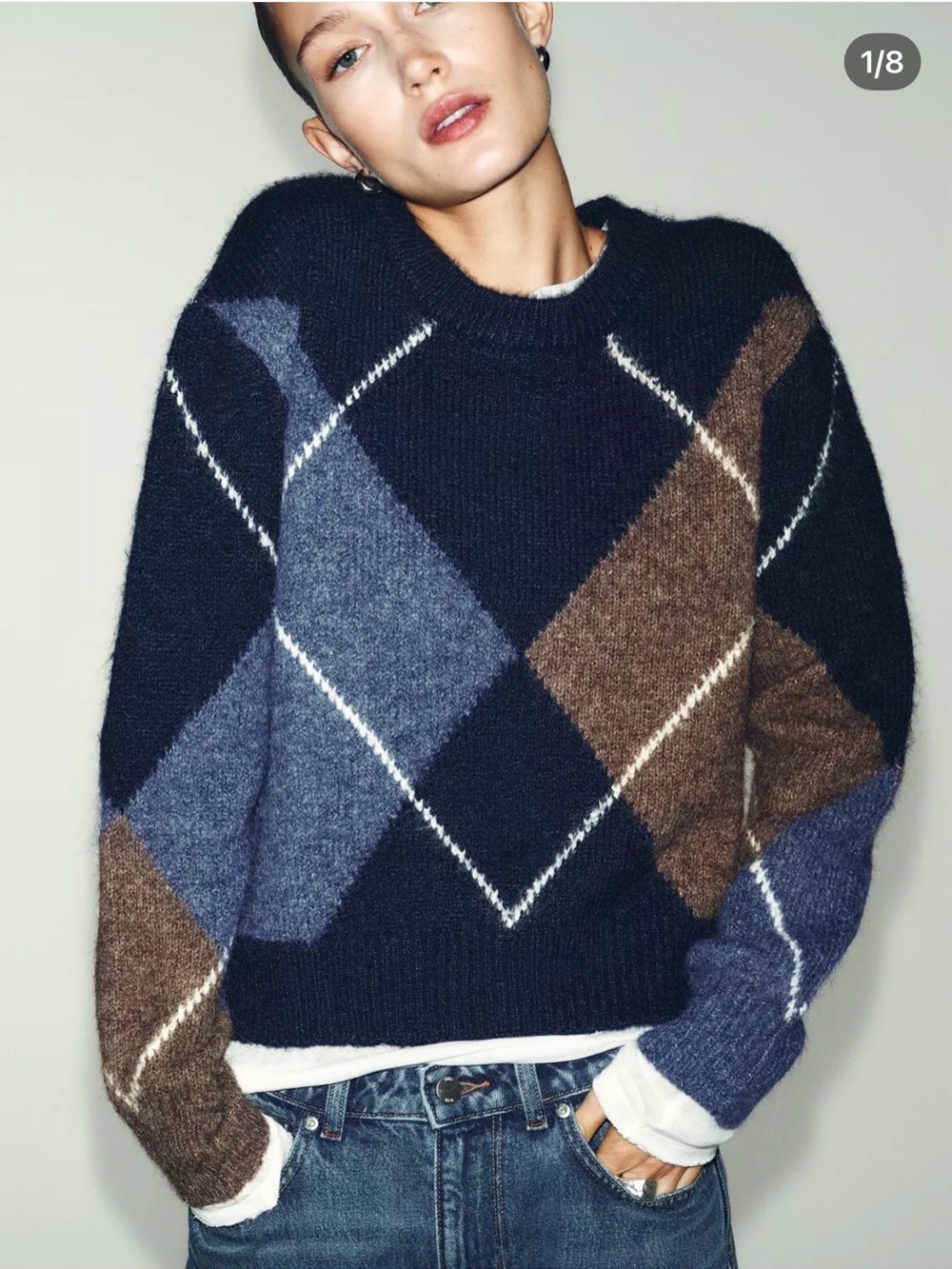 Zara Argyle Crewneck Sweater - Navy, Blue & Brown